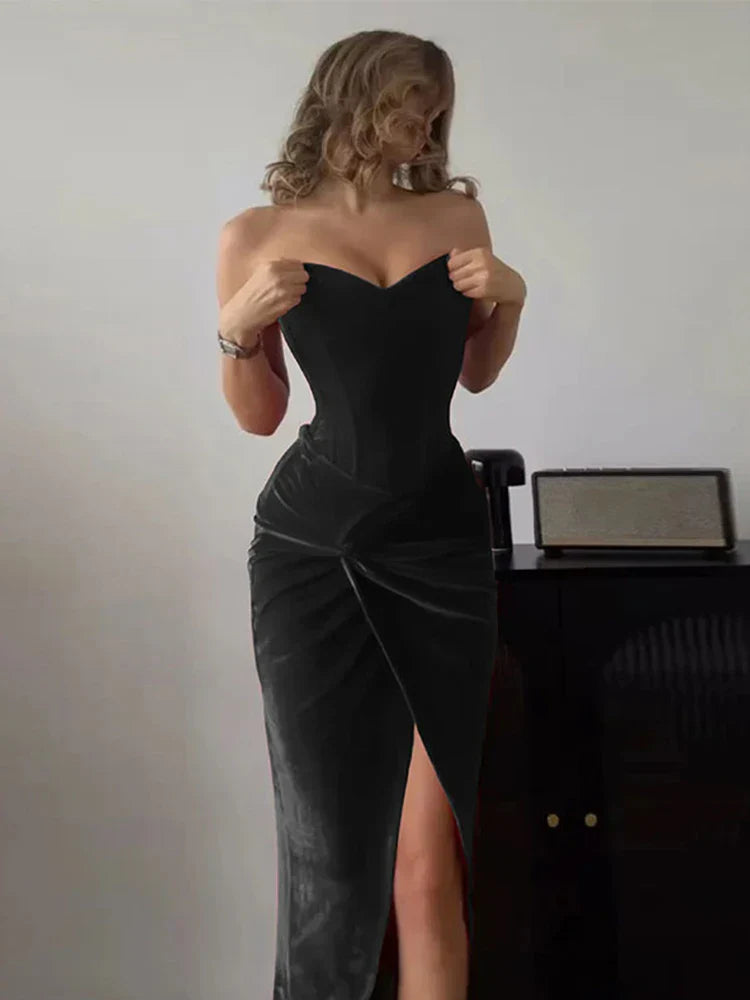 Velvet Strapless Split Party Dress image 4