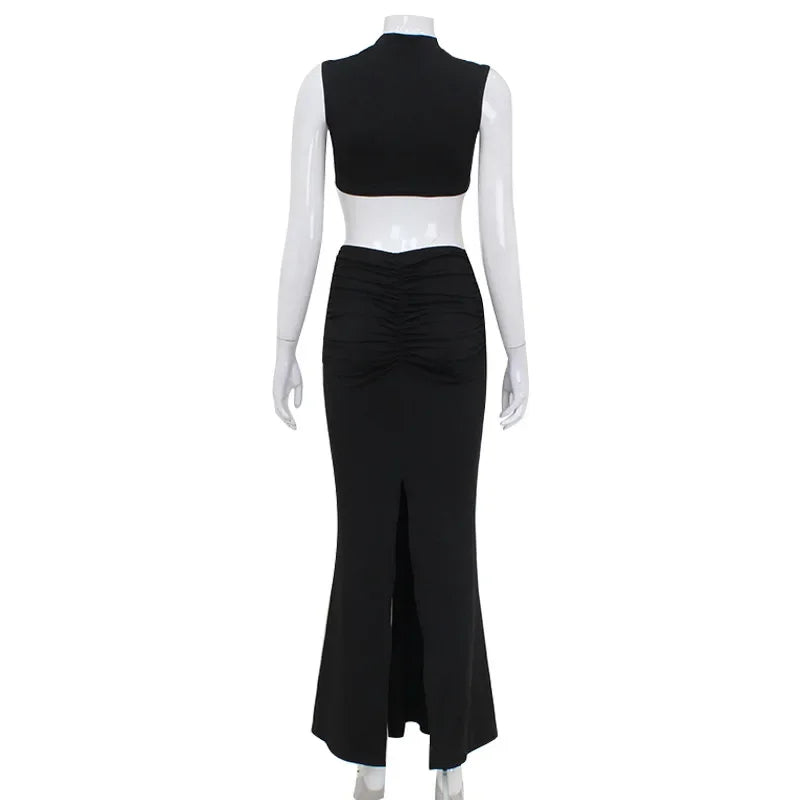 Elegant Hollow Back Sexy Solid Color Turtle Neck Sleeveless Dress Party Dress image 4