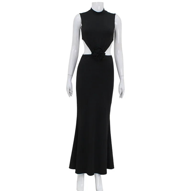 Elegant Hollow Back Sexy Solid Color Turtle Neck Sleeveless Dress Party Dress image 5