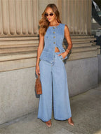 Streetwear Denim Wide Leg Office Two Piece Set image 1