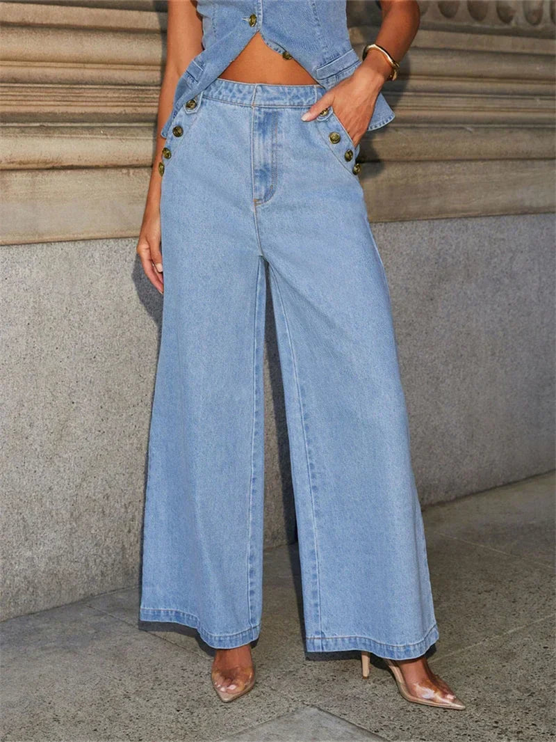 Streetwear Denim Wide Leg Office Two Piece Set image 5