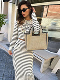 Striped Hollow Knitted High Waist Office Two Piece Set image 1