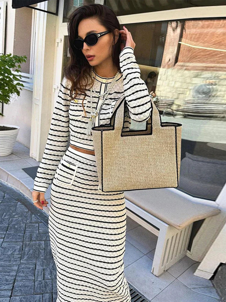 Striped Hollow Knitted High Waist Office Two Piece Set image 1