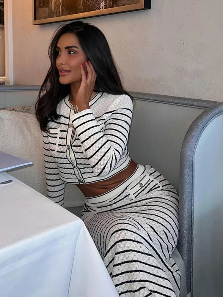 Striped Hollow Knitted High Waist Office Two Piece Set image 3