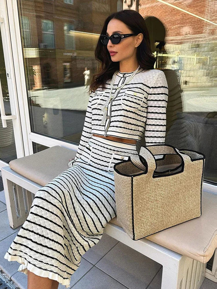 Striped Hollow Knitted High Waist Office Two Piece Set image 2