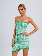 Summer Sexy Asymmetric Strapless Top Mini Skirts Two Piece Party Dress image 3