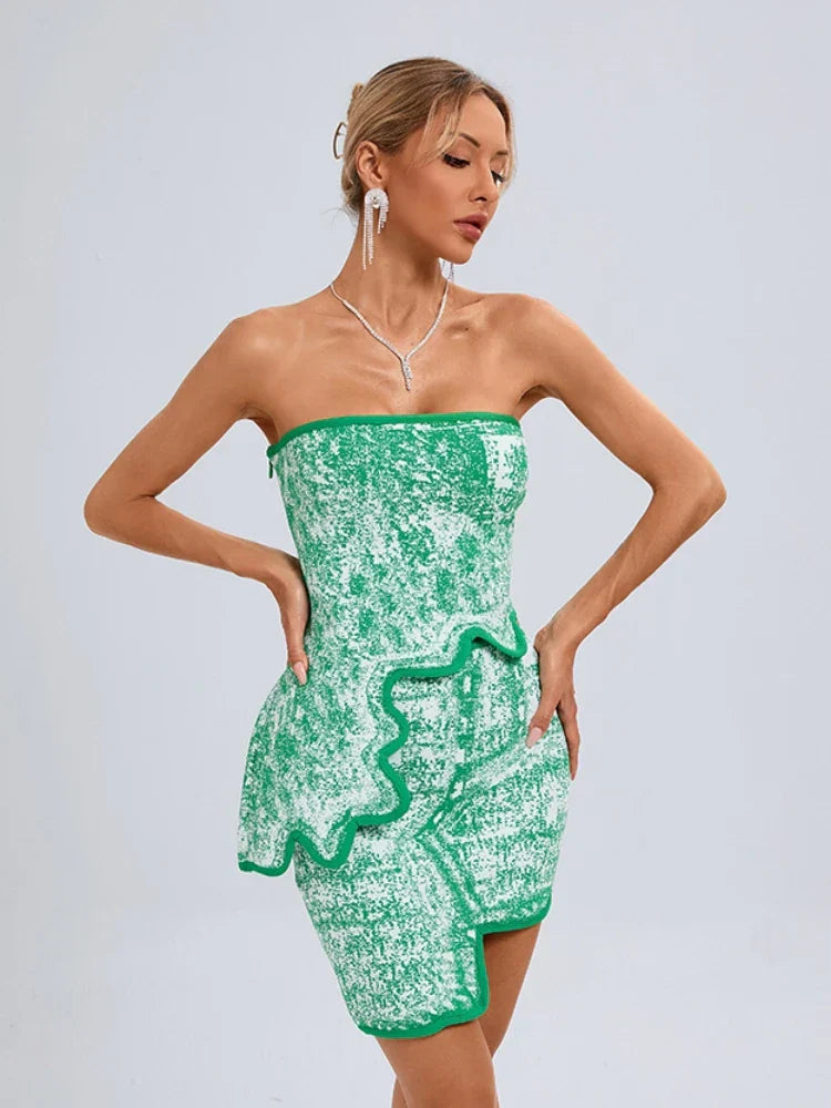 Summer Sexy Asymmetric Strapless Top Mini Skirts Two Piece Party Dress image 1