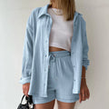 Blue Solid Drawstring Shorts Office Two Piece Set image 1
