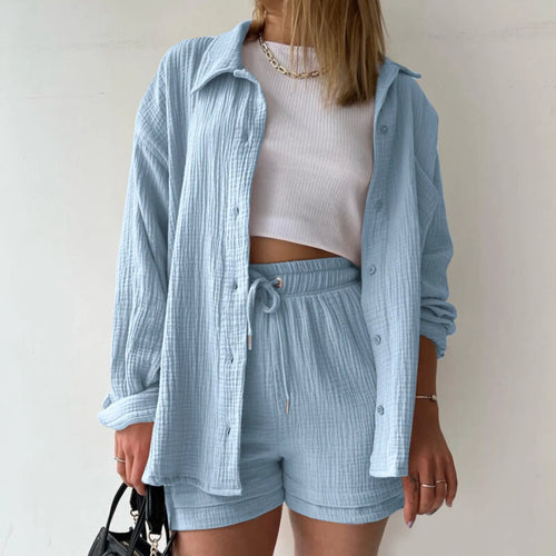 Blue Solid Drawstring Shorts Office Two Piece Set image 1