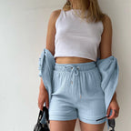 Blue Solid Drawstring Shorts Office Two Piece Set image 2