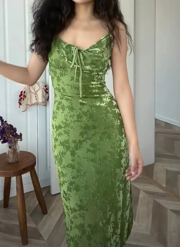 Vintage Green Velvet Burnt Flower Long Strap Backless Sleeveless Boho Party Dress image 1