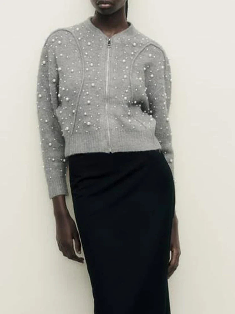 Faux Pearl Zip Knit Cardigan image 1