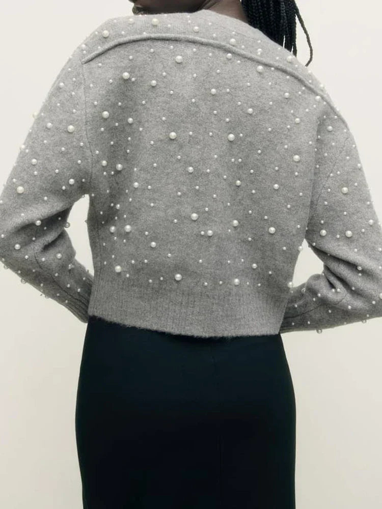 Faux Pearl Zip Knit Cardigan image 4