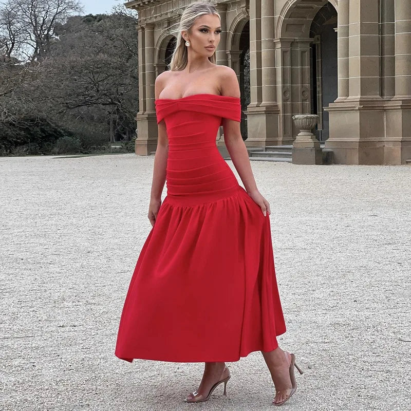 Elegant Backless Patchwork Long Red Sleeveless Bandeau Solid Pleated Wide Skirt Party Dress image 2