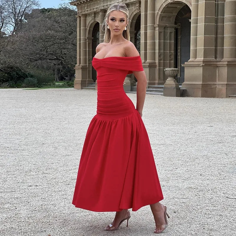 Elegant Backless Patchwork Long Red Sleeveless Bandeau Solid Pleated Wide Skirt Party Dress image 3