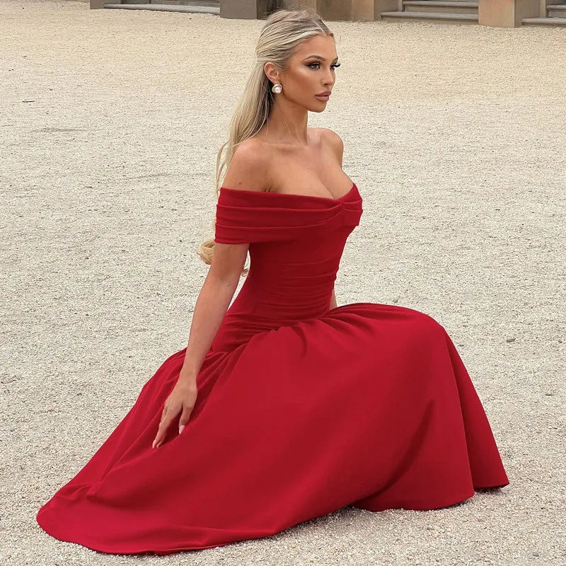 Elegant Backless Patchwork Long Red Sleeveless Bandeau Solid Pleated Wide Skirt Party Dress image 4