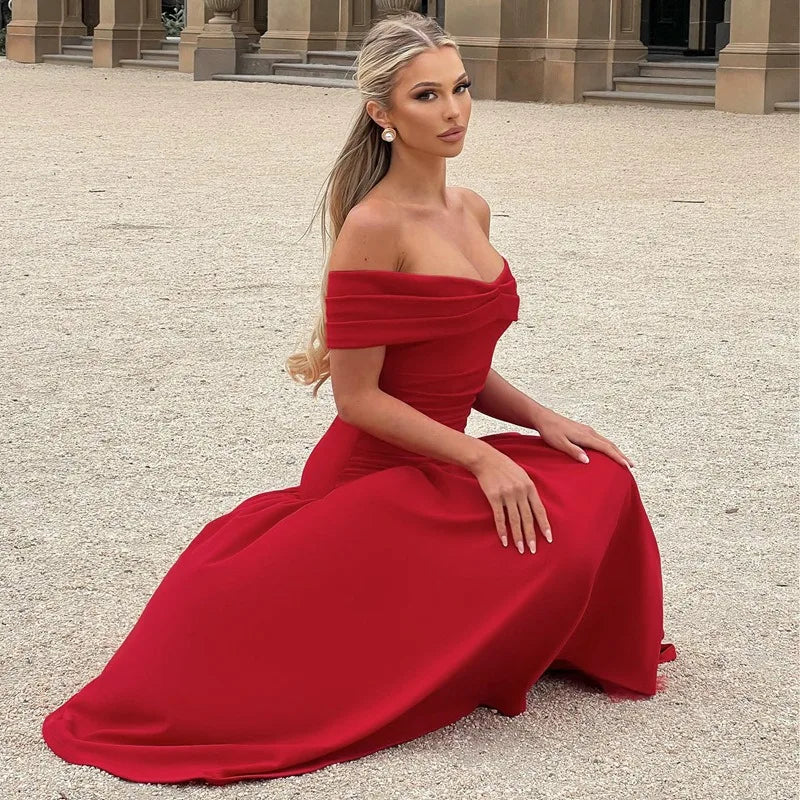 Elegant Backless Patchwork Long Red Sleeveless Bandeau Solid Pleated Wide Skirt Party Dress image 5