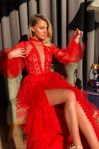 Elegant Lace Hollow Out A-Line Full Sleeve Red Party Dress image 1