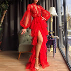 Elegant Lace Hollow Out A-Line Full Sleeve Red Party Dress image 4