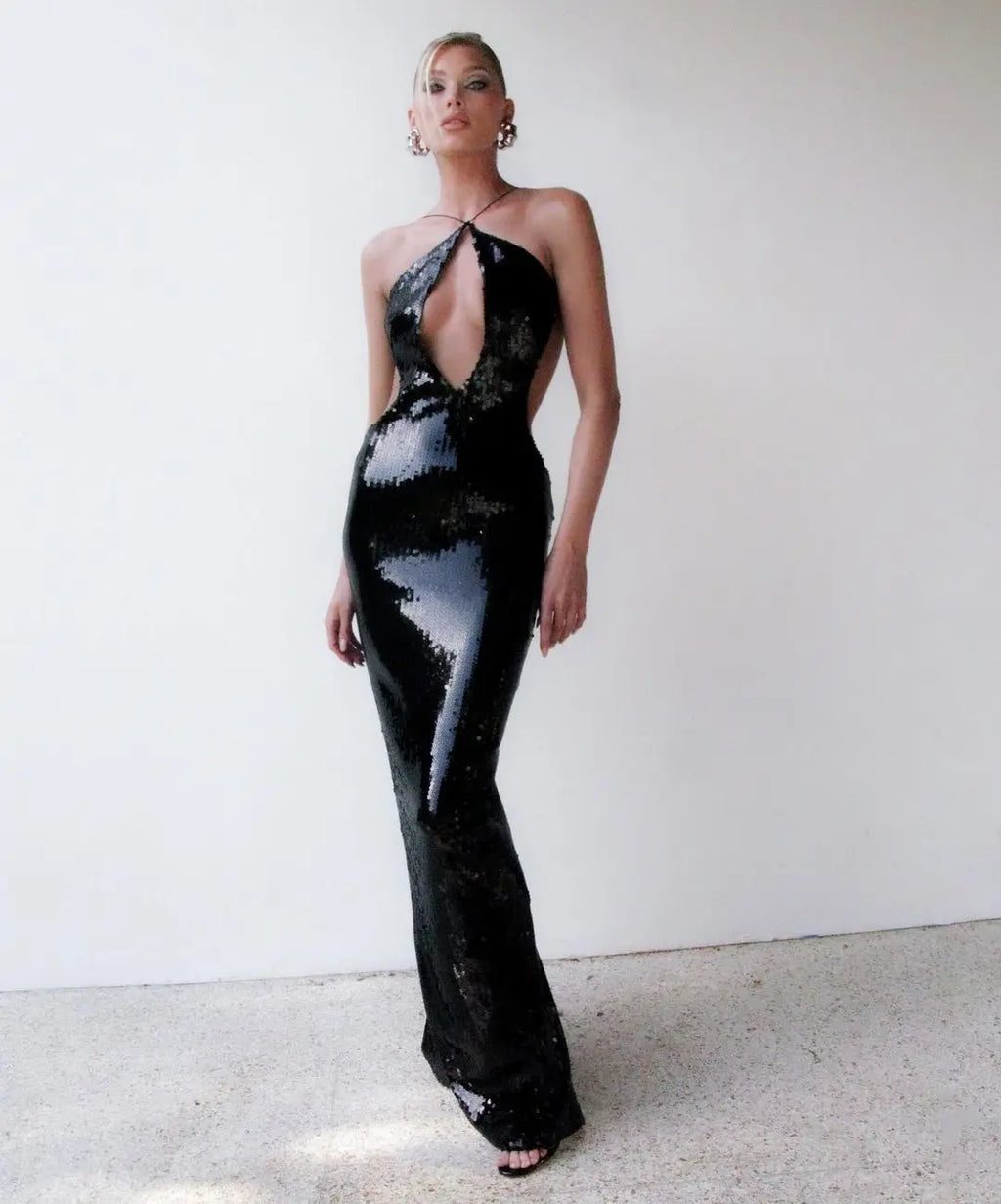 Gold Sequin Backless Long Party Dress image 4