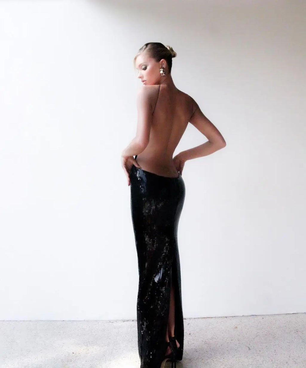 Gold Sequin Backless Long Party Dress image 5