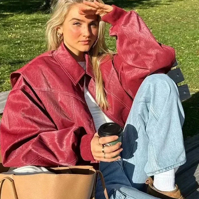 Leather Streetwear Red Coat image 3