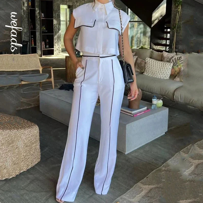 Contrast Lapel Vest Pockets Pants Office Two Piece Set image 1