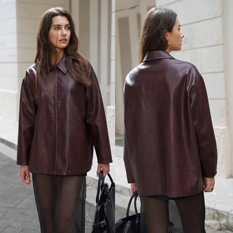 Faux Leather Wine Red Coat image 3