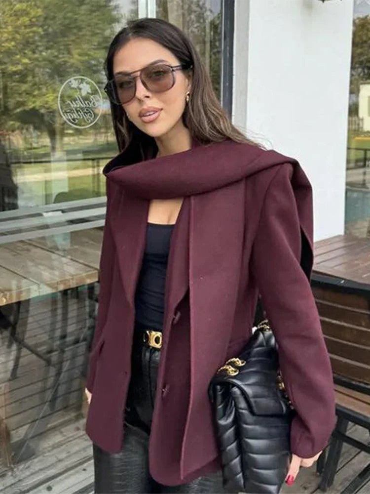 Wine Red Lapel Scarf Coat image 2