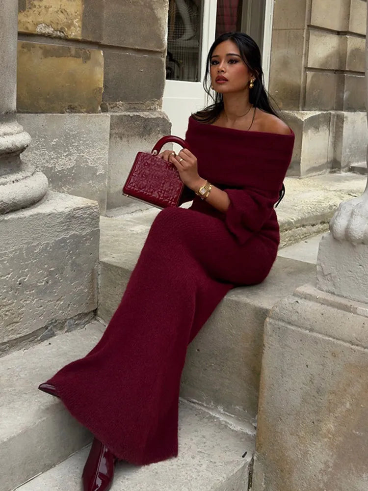 Elegant Off Shoulder Fold Knit Long Sleeve Tight Red Party Dress image 1