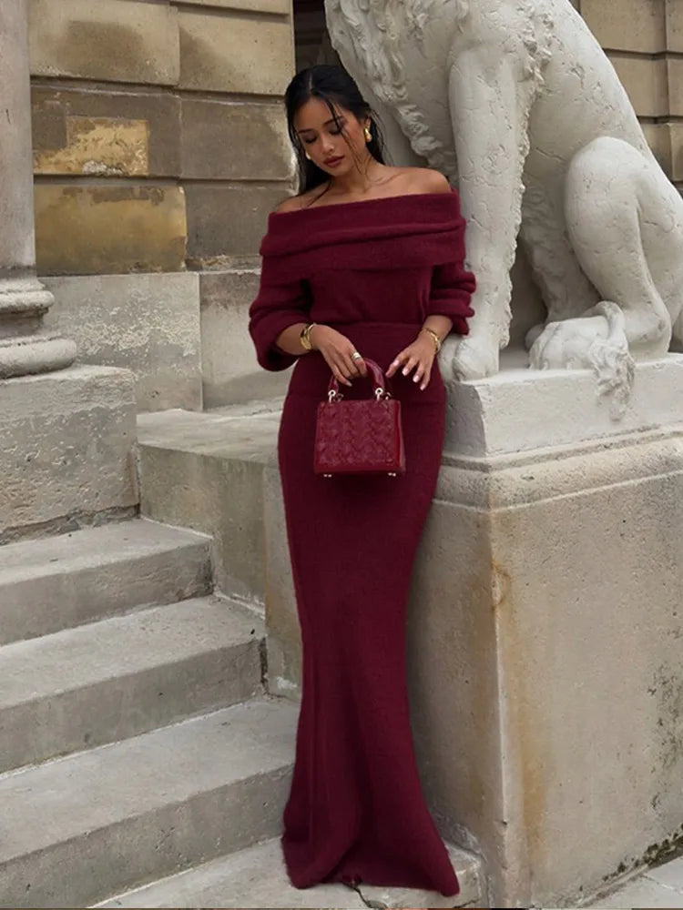 Elegant Off Shoulder Fold Knit Long Sleeve Tight Red Party Dress image 5