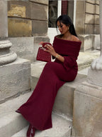 Elegant Off Shoulder Fold Knit Long Sleeve Tight Red Party Dress image 2