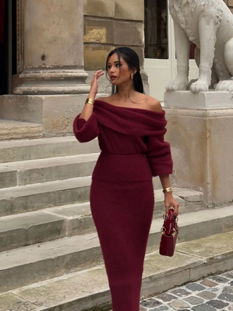 Elegant Off Shoulder Fold Knit Long Sleeve Tight Red Party Dress image 6