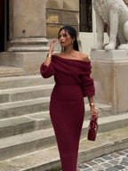 Elegant Off Shoulder Fold Knit Long Sleeve Tight Red Party Dress image 6