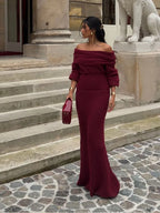 Elegant Off Shoulder Fold Knit Long Sleeve Tight Red Party Dress image 3