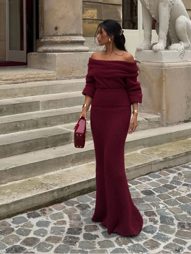 Elegant Off Shoulder Fold Knit Long Sleeve Tight Red Party Dress image 3