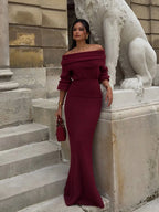 Elegant Off Shoulder Fold Knit Long Sleeve Tight Red Party Dress image 4