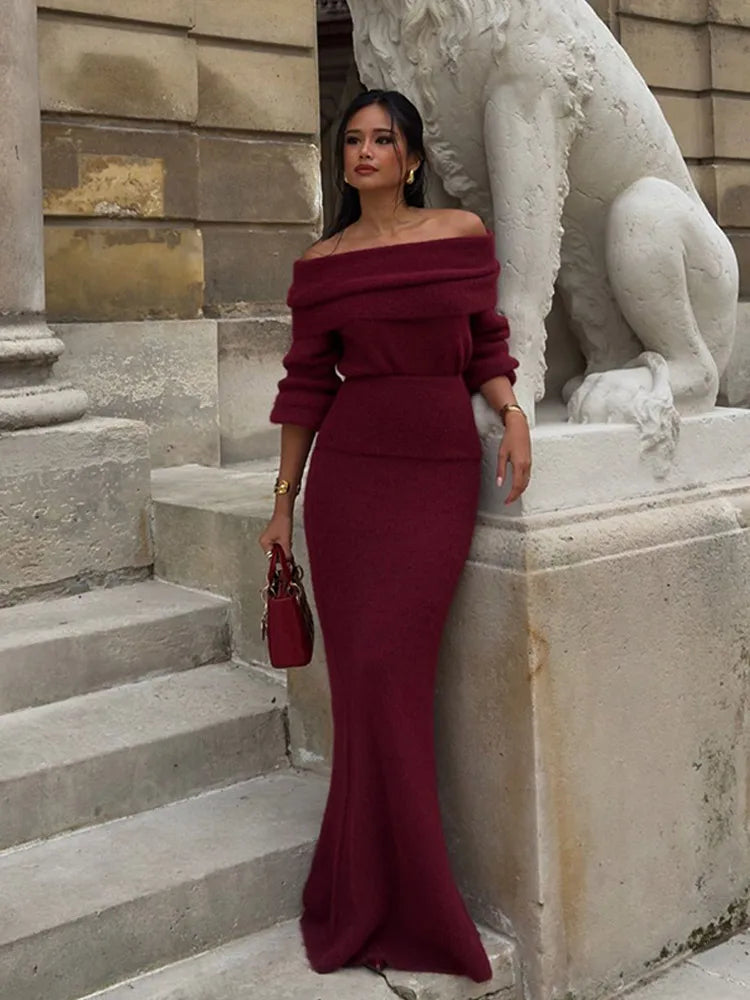 Elegant Off Shoulder Fold Knit Long Sleeve Tight Red Party Dress image 4