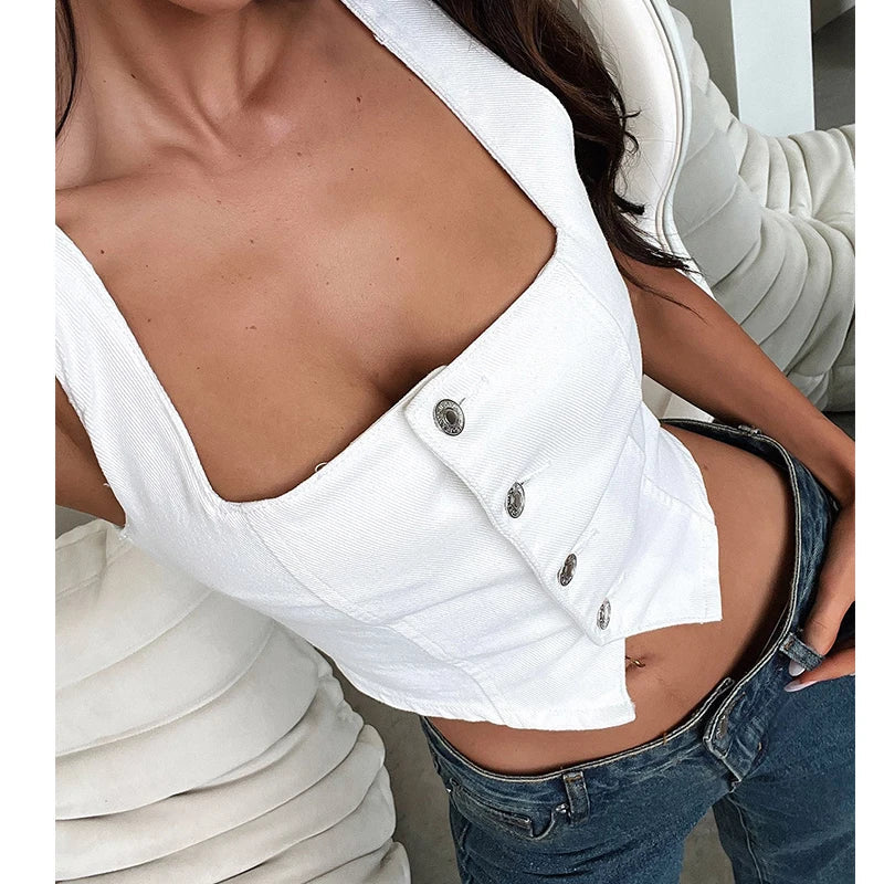 Denim Button Boat Crop Top image 1