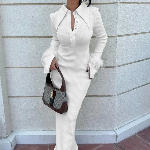 French Y2K Feather Polo Collar Party Dress image 6
