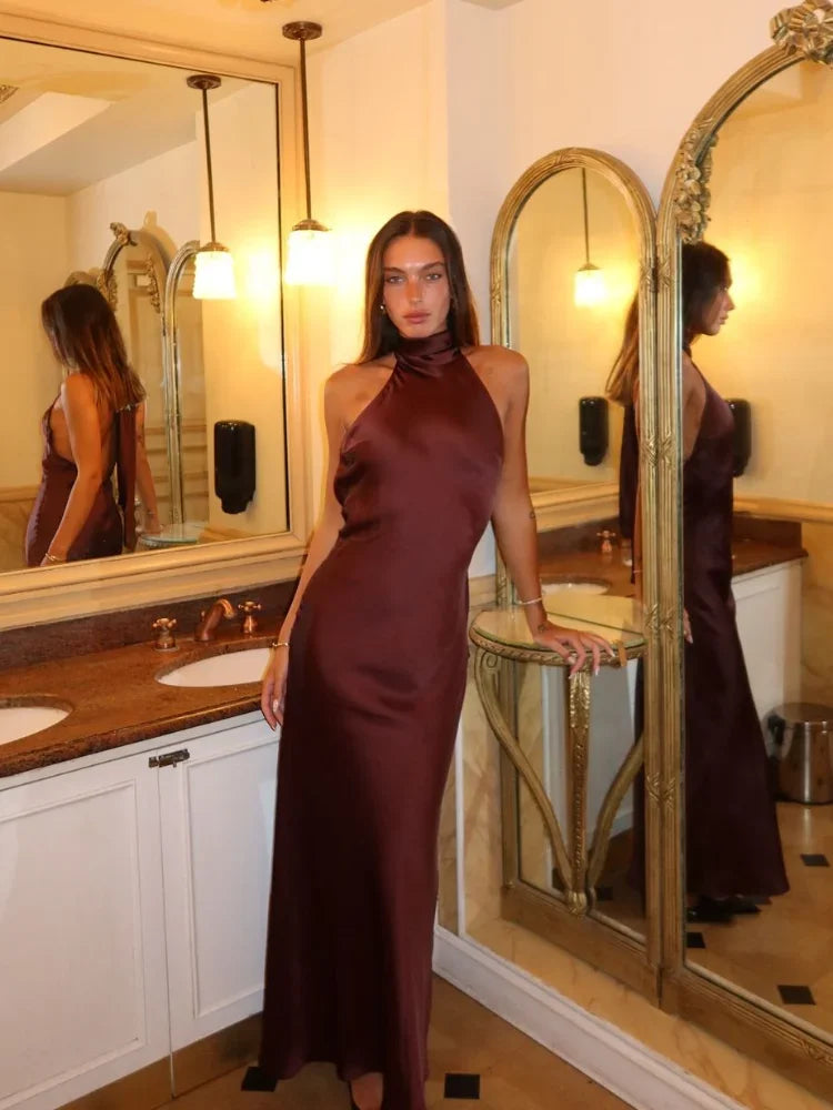 Sexy Chic Satin Backless Halter Lace Up Dress image 2