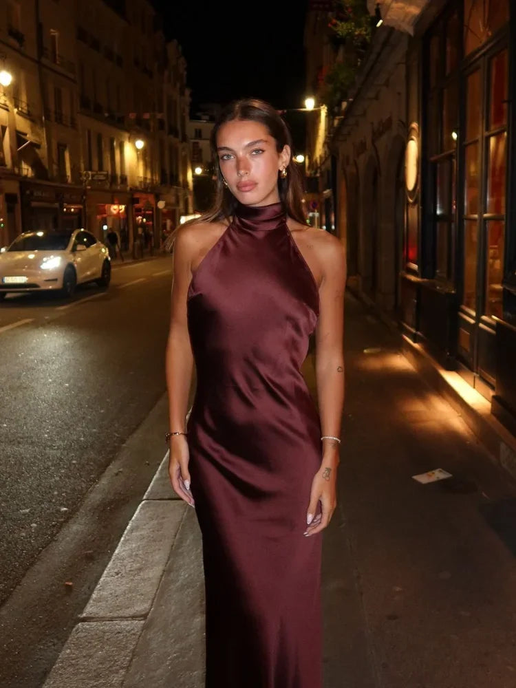 Sexy Chic Satin Backless Halter Lace Up Dress image 4