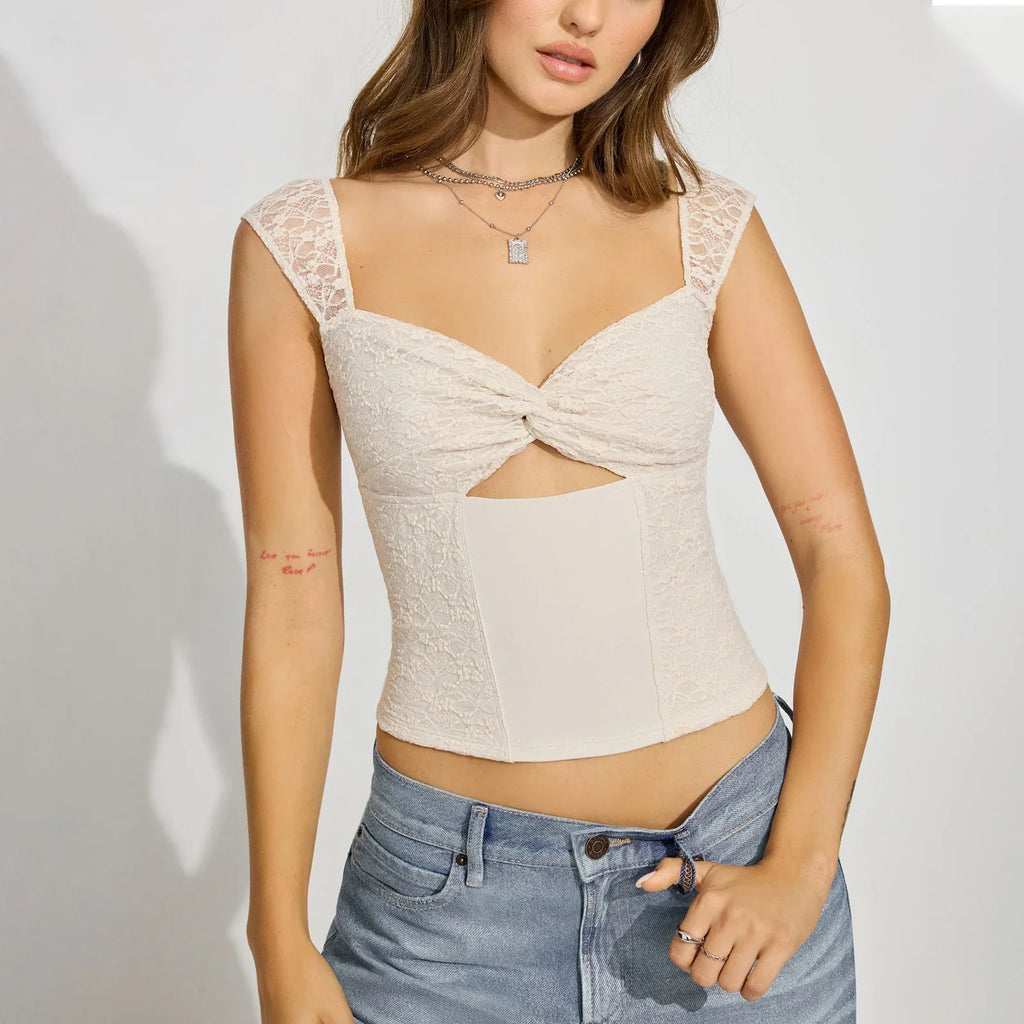 Twist Front Lace Flower Crop Top image 1