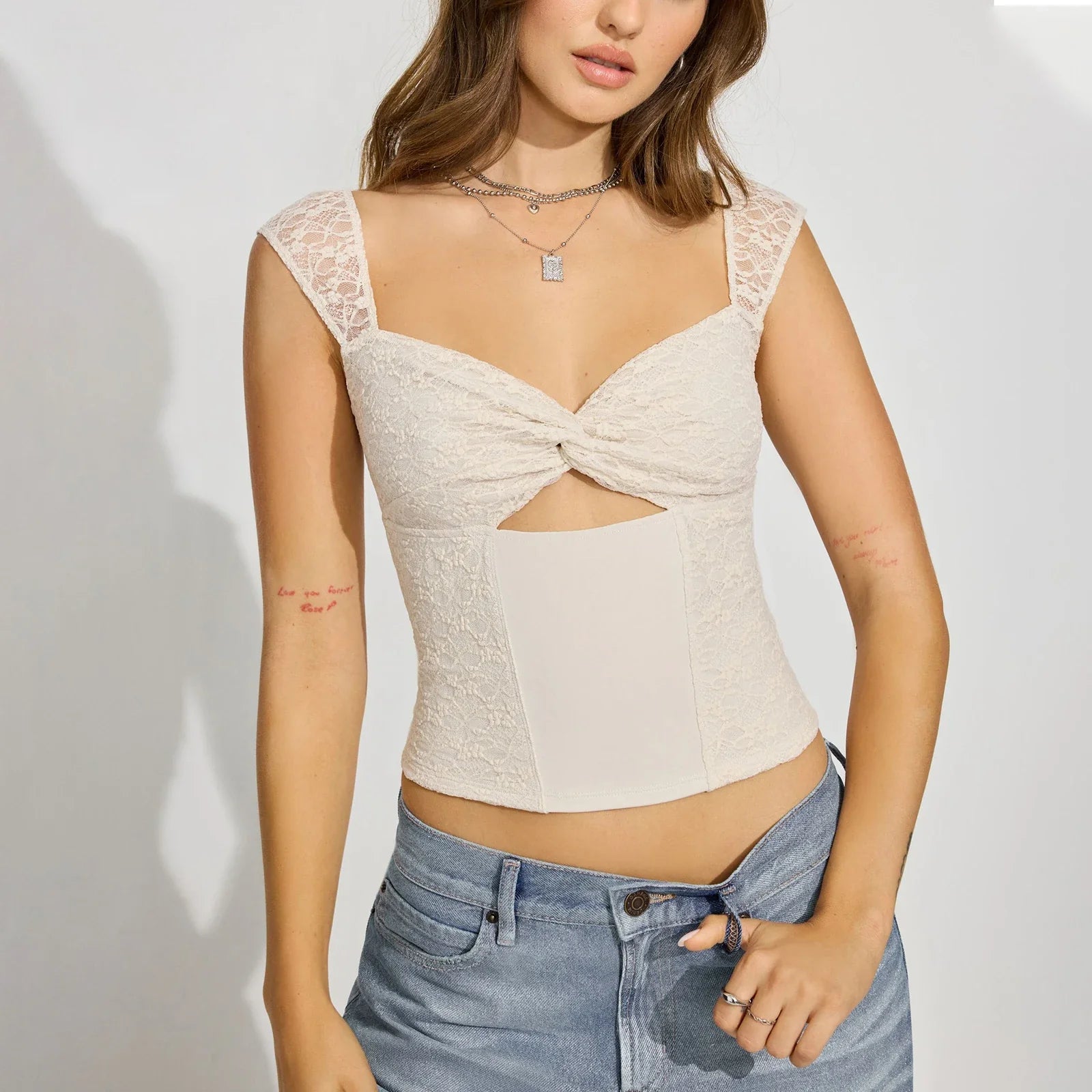 Twist Front Lace Flower Crop Top image 1