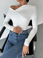 A-line Shoulder Long Sleeve Slim Knitted T-shirt Women image 4