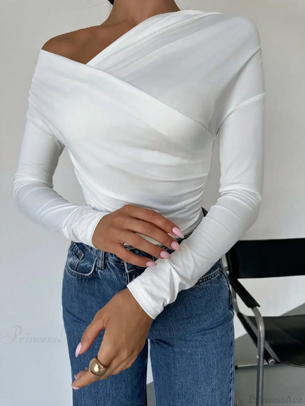 A-line Shoulder Long Sleeve Slim Knitted T-shirt Women image 5