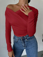A-line Shoulder Long Sleeve Slim Knitted T-shirt Women image 8