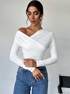 A-line Shoulder Long Sleeve Slim Knitted T-shirt Women image 3