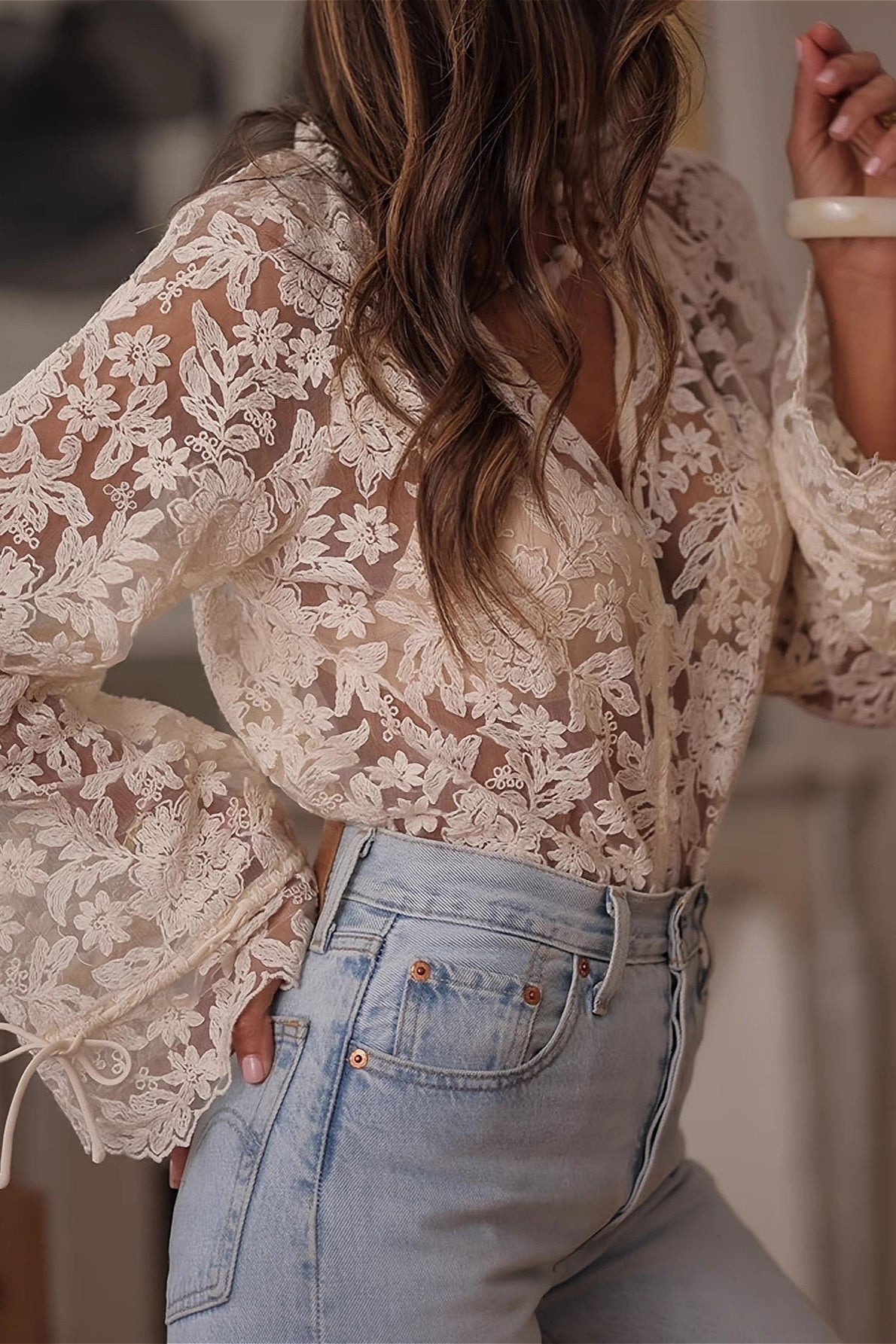 Hollow Out Tie Casual Lace Blouse image 2