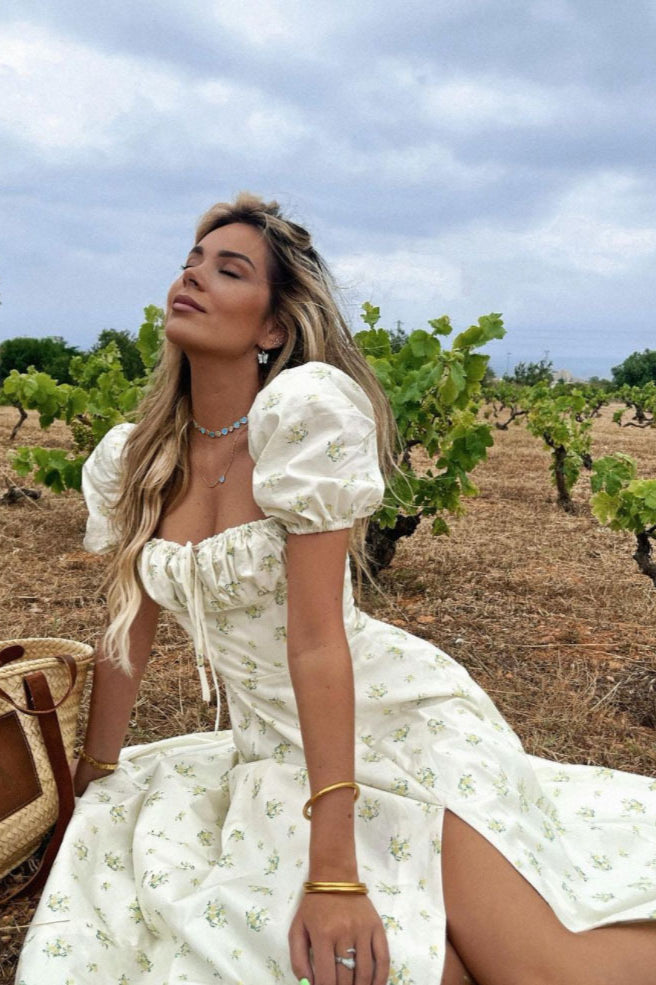 Tie Side Puff Sleeve Slit Floral Dress image 5